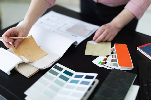 istock Interior designer working with color palettes, textiles and materials 1929418064