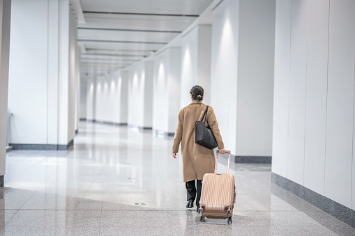 Woman pulling suitcase at the station