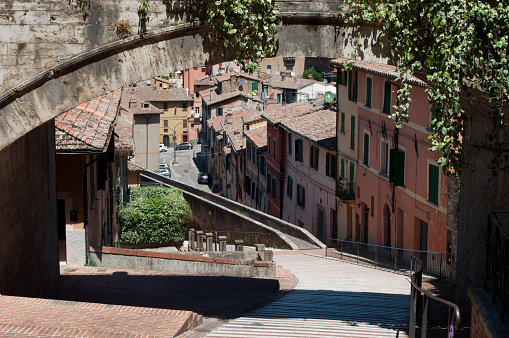 Medieval Arch and Staircase in Beautiful Perugia City Center During a Sunny Summer Day. Travel in Umbria Region, Italy