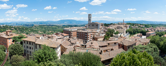 Panoramic View of Beautiful Perugia Medieval City During a Sunny Summer Day. Travel in Umbria Region, Italy