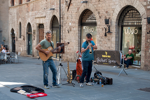 Musicians Portrait in Perugia City Center, Italy, During a Summer Day