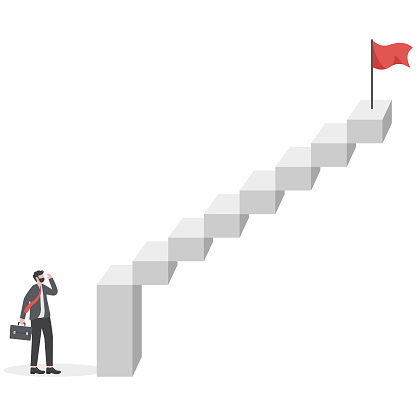 First step is hardest, learning curve or overcome difficulty when start new business, challenge to succeed in work concept, discouraged businessman looking at high steep first step of success stairway