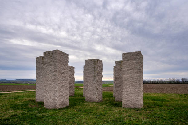 Zuelpich, Germany - December 27, 2023: Stelae in the fields of Zuelpich, modern artwork on December 27, 2023 in North Rhine Westphalia, Germany