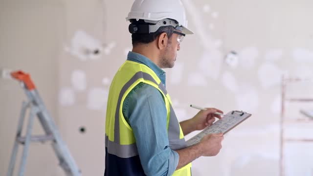 Engineer examining construction documentation holding clipboard and pen in hands