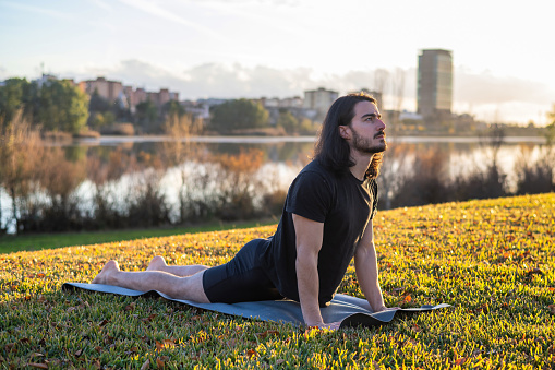 Young Man Doing Cobra Pose During Yoga Training In The Park