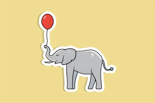 Vector illustration of Cute Elephant with balloon feel happy sticker design vector illustration. Animal nature icon concept. Cartoon style elephant sticker design logo icon.