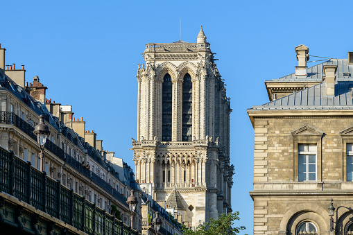 This landscape photo was taken, in Europe, in France, in ile de France, in Paris, on the banks of the Seine, in summer. We see the Pont d Arcole and the Notre Dame de Paris cathedral, under the Sun.