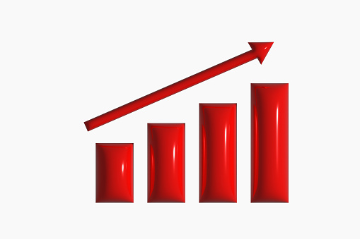Красный график роста со стрелкой вверх. На светлом фоне.