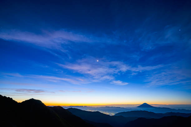 北岳から眺める夜明けの富士山と甲府市の夜景