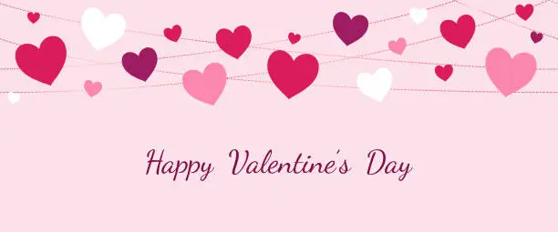 Vector illustration of Valentine's Day banner. Seamless decoration, red and white hearts string on pink background. Holiday frame, border.