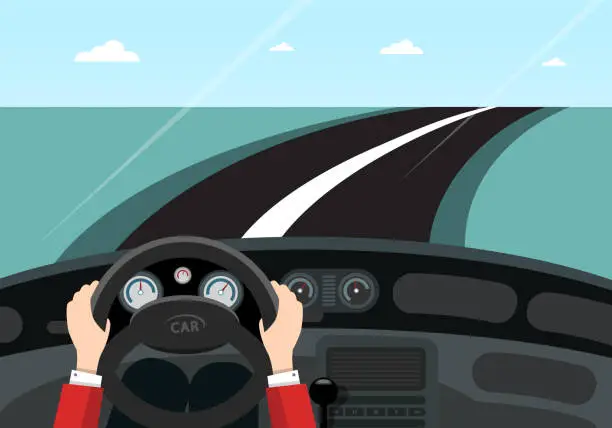 Vector illustration of Driving car on asphalt road - inside view, vector