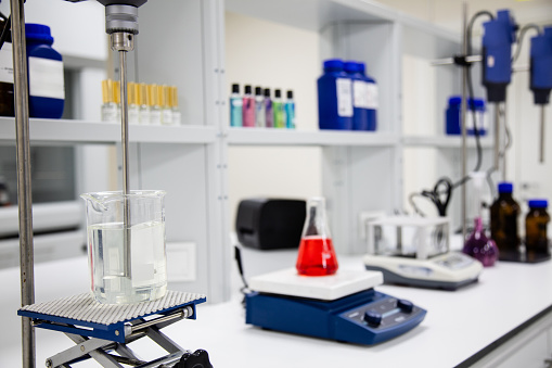 science laboratory test tubes, chemical laboratory equipment. Research and develop cosmetic in lab.