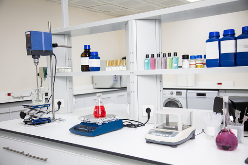 science laboratory test tubes, chemical laboratory equipment. Research and develop cosmetic in lab.