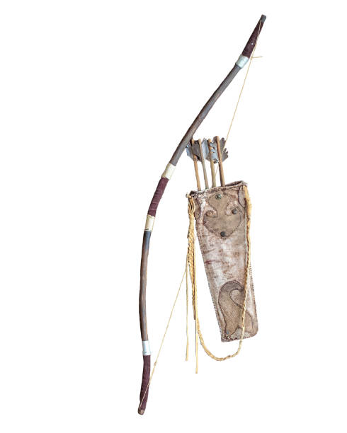 Medieval bow, quiver and arrows on a white background.