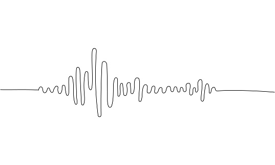 Sound waves, music, spectrogram one line art. Continuous line drawing of audio, musical, radio, disco, digital, stereo, voice, waveform, volume, equalizer wavy tune Hand drawn vector illustration