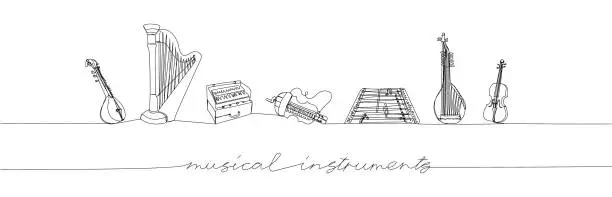 Vector illustration of Musical instruments set one line art. Continuous line drawing of lute, sitar, harp, musical, lira, harmonium, lyre, tsymbaly, dulcimer with an inscription, lettering, handwritten.