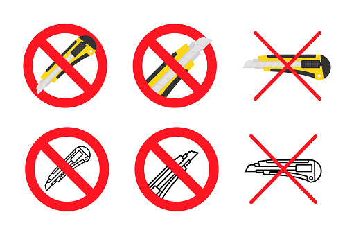 Prohibition signs vector illustration set forbidding stationery knives and cutters, ideal for safety guidelines and restricted tool use policies