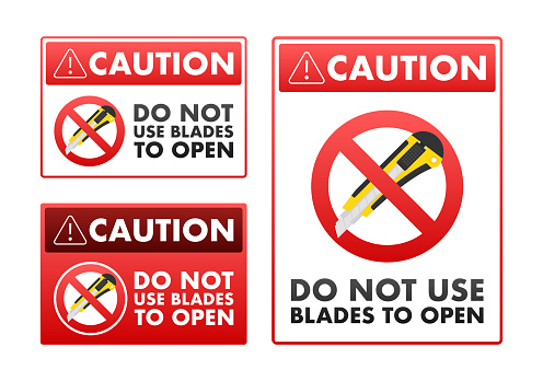 Safety warning signs vector illustration indicating not to use blades for opening packages, suitable for workplace safety and package handling instructions