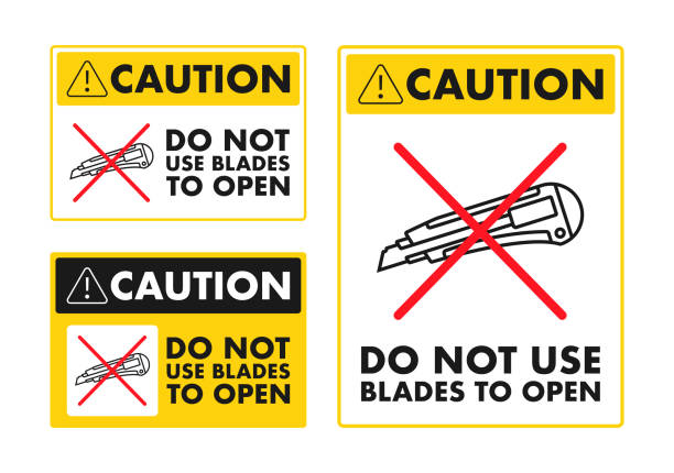 illustrazioni stock, clip art, cartoni animati e icone di tendenza di safety warning signs vector illustration indicating not to use blades for opening packages, suitable for workplace safety and package handling instructions. - manual handling