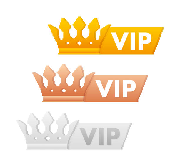 illustrations, cliparts, dessins animés et icônes de ensemble de trois badges de couronne vip de couleurs dorées, bronze et argentées pour une illustration exclusive de l’adhésion, parfait pour les programmes de fidélité et les services premium. - bronze silver gold perks