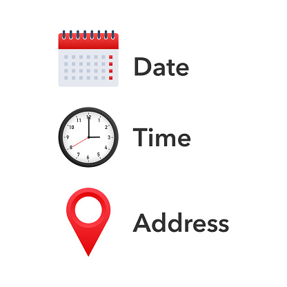 Essential Appointment Icons Set Featuring Calendar, Clock, and Location Pin for Date, Time, and Address Indication