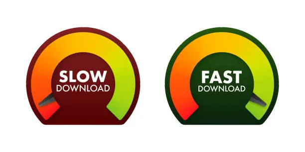 Vector illustration of Internet Speedometer Concept with Slow and Fast Download Indicators, Vector Illustration for Web Performance and Bandwidth Measurement