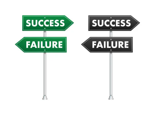 Vector illustration of Success and Failure Road Signs, Vector Illustration for Goal Direction, Achievement, and Setback in Professional and Personal Growth