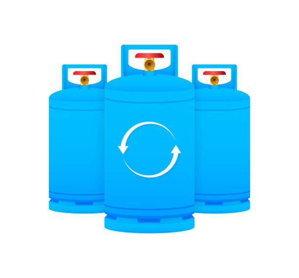 illustrazioni stock, clip art, cartoni animati e icone di tendenza di illustrazione vettoriale del serbatoio del gas ricaricabile, set di contenitori di propano blu con frecce di riciclaggio, concetto di energia sostenibile - lpg tank