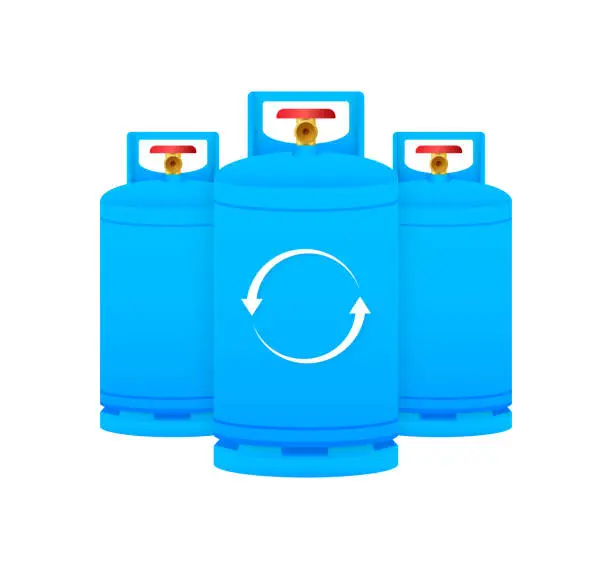 Vector illustration of Refillable Gas Tank Vector Illustration, Blue Propane Container Set with Recycle Arrows, Sustainable Energy Concept