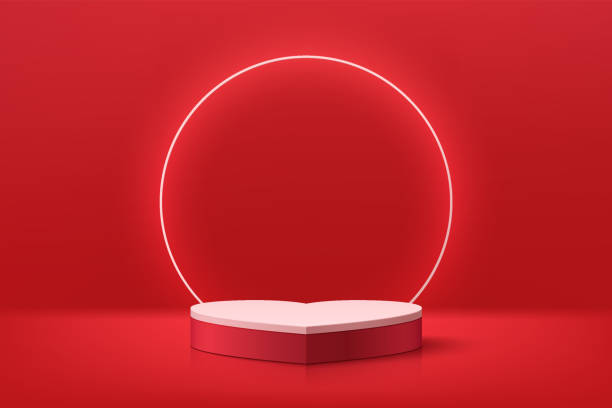 istock Valentine 3D red podium pedestal  heart shape with glowing neon ring background. Dark red minimal wall scene for cosmetics product display presentation. Vector rendering geometric platform design. 1929643146
