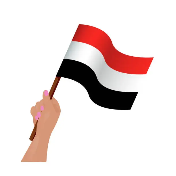 Vector illustration of The hand holding the waving Yemen flag. Vector illustration isolated on white background for articles, new, social media