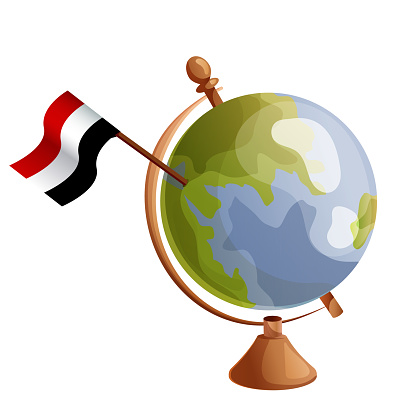 Yemen flag pole on globe. Flag waving around the world. National flag vector illustration isolated on white background.