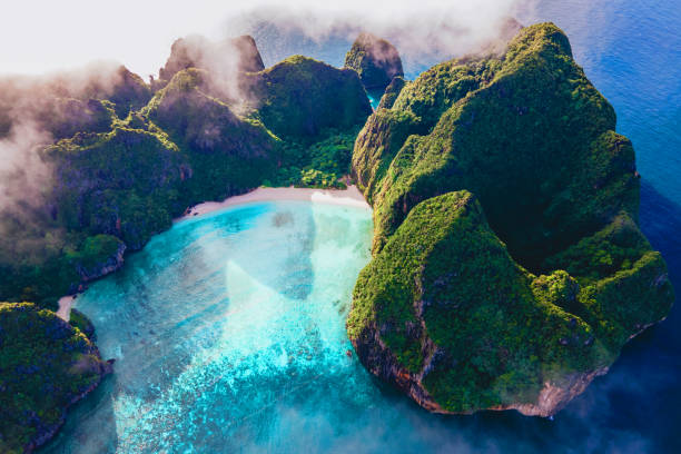 istock Drone view at Maya Bay Koh Phi Phi Thailand, Turquoise clear water white tropical beach 1929649537