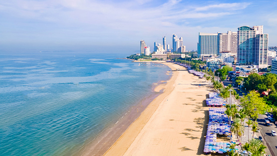 Pattaya Thailand, a view of the beach road with hotels and skyscrapers buildings alongside the renovated new beach road.