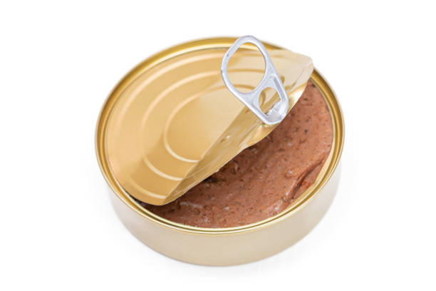 Opened Tin Can with Chicken Liver Pate Isolated on White Background. Open Canned Pate - Isolation