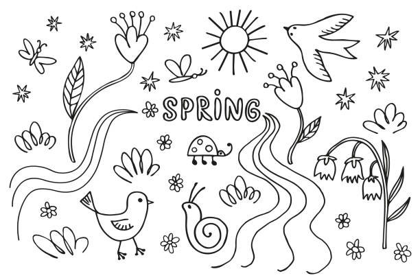 Spring ink sketch hand drawn doodle with stream, bird, blooming plants, flowers, ladybug, chicken, sun, snail, butterfly, grass, lily valley,vernal wild live. Design background for print, paper, card Spring ink sketch hand drawn doodle with stream, bird, blooming plants, flowers, ladybug, chicken, sun, snail, butterfly, grass, lily valley,vernal wild live. Design background for print, paper, card, flyer, template lily of the valley garden stock illustrations