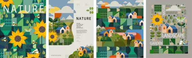 Vector illustration of Nature, landscape and garden. Vector illustration of geometric abstract plants, trees, flowers and houses. Drawings for background, pattern or poster