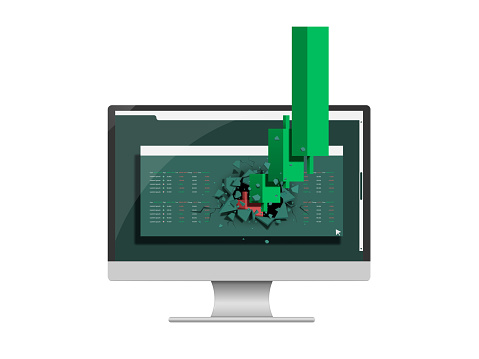 Candlesticks or bar charts rising from red to green break through the computer screen or monitor indicating a profitable investment in cryptocurrency trading, vector 3d for financial concept design