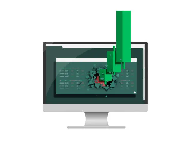 Vector illustration of Candlesticks or bar charts rising from red to green break through the computer screen or monitor indicating a profitable investment in cryptocurrency trading