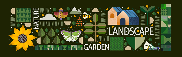 Nature, landscape and garden. Vector illustration of geometric abstract plants, trees, flowers and houses. Drawings for background, pattern or poster