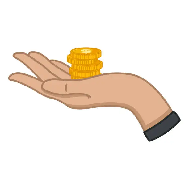 Vector illustration of Stack of Dollar Coins on Palm. Money symbol. Vector Currency. Business and Finance Concept. Earnings and Income.