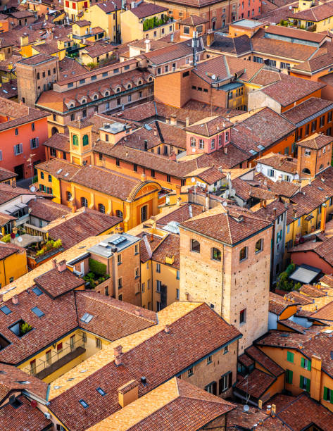 View of the city of Bologna, Italy View of the city of Bologna. A city of long street galleries and leaning medieval towers. Italy torre del mangia stock pictures, royalty-free photos & images