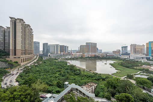 Park and surrounding urban buildings