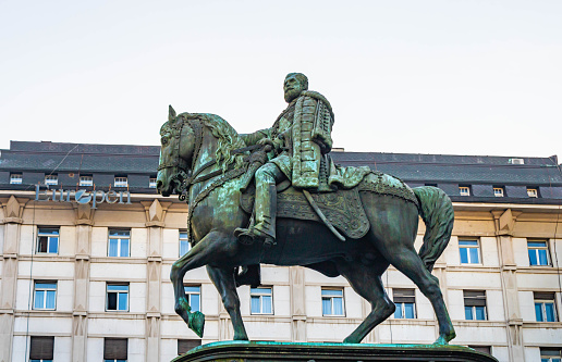 Belgrade, Serbia - February 16th 2023: Prince Mihailo monument (Spomenik Knez Mihailu), Serbian ruler, erected in 1882, made by Italian sculptor Enrico Pazzi in the main Republic square