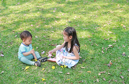 Asian children playing together in the green lawn garden. Sister play with her little brother outdoor.