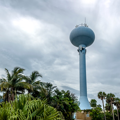 Water tower over cloudy sky in Sarasota, Florida