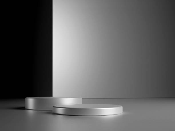 istock Luxury round silver podium with metal cube on dark background. Perfect platform for showing your products. Three dimensional illustration 1929781717