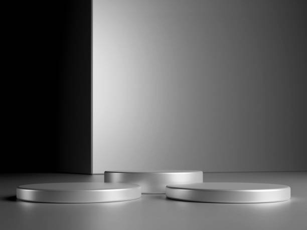 istock Luxury round silver podium with metal cube on dark background. Perfect platform for showing your products. Three dimensional illustration 1929781718