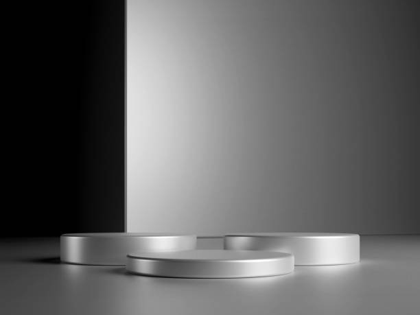 istock Luxury round silver podium with metal cube on dark background. Perfect platform for showing your products. Three dimensional illustration 1929781719