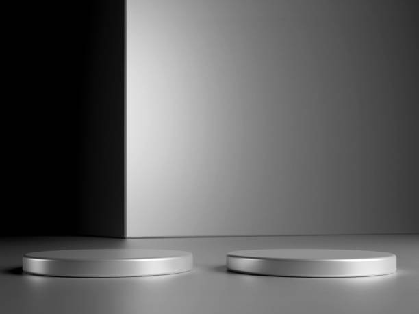 istock Luxury round silver podium with metal cube on dark background. Perfect platform for showing your products. Three dimensional illustration 1929781721
